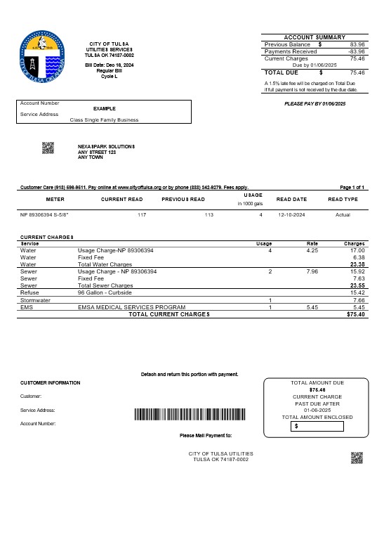 USA Oklahoma City of Tulsa business utility bill template in Word and PDF formats